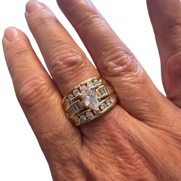 Gold Triple Row Zircon Marquis Solitaire Ring - Picture 5 of 8